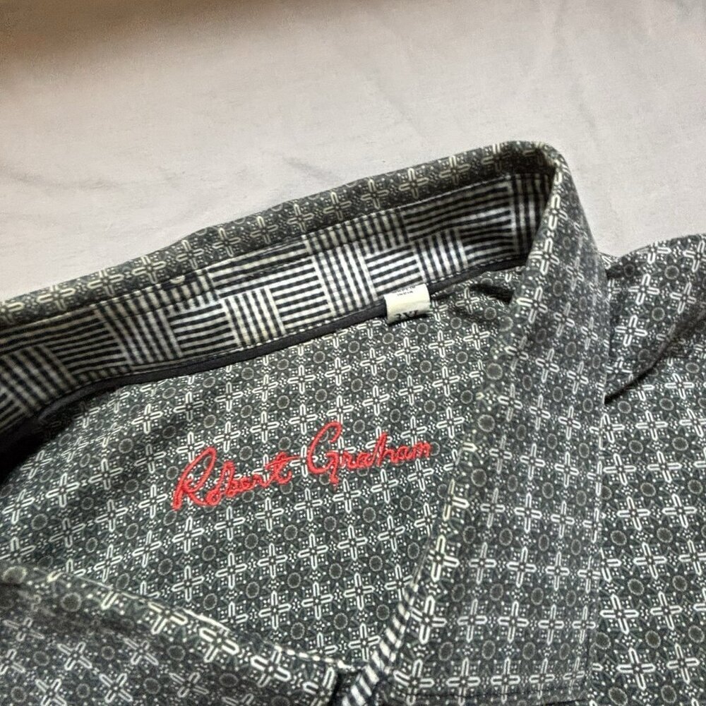 Robert Graham Mens 3XL Classic Flip Cuff Gray Geometric Check Button Up Shirt - Picture 3 of 7